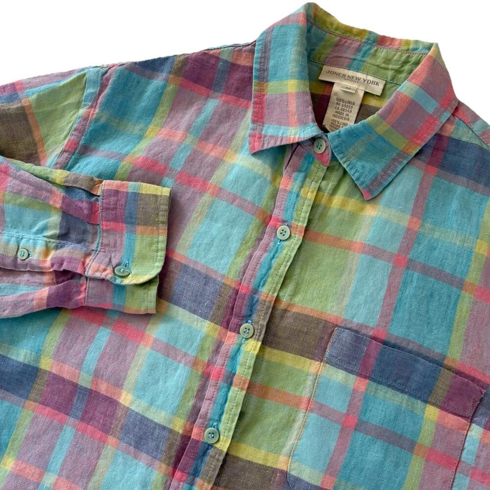 Jones New York 100% Linen Button Down Pastel Plaid Shirt Roll Tab Sleeve Medium